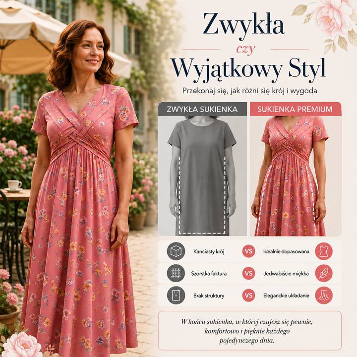 Damska sukienka midi w kwiaty z dekoltem V