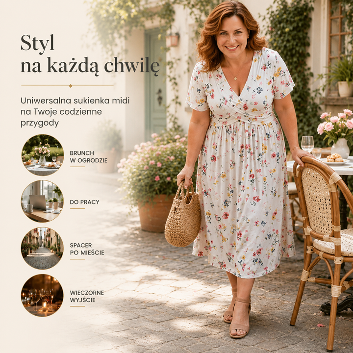 Damska sukienka midi w kwiaty z dekoltem V