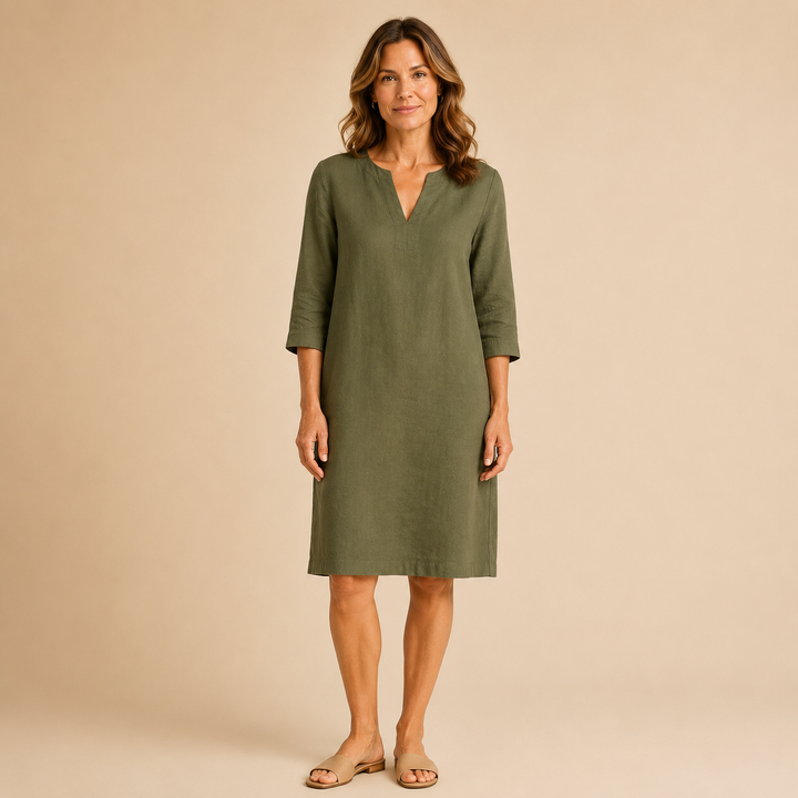Clara | Vestido Recto con Cuello en V y Manga Francesa