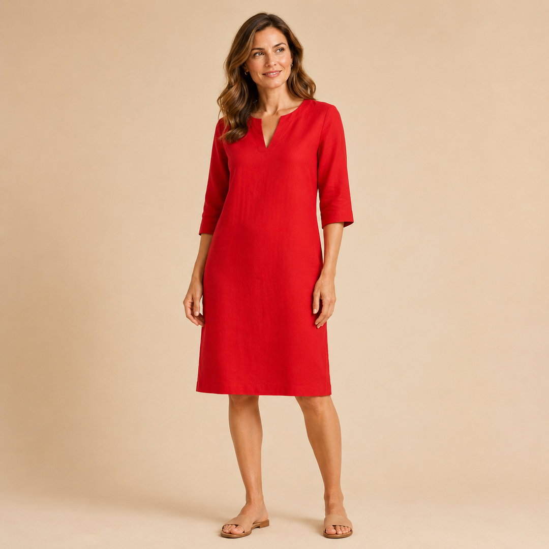 Clara | Vestido Recto con Cuello en V y Manga Francesa